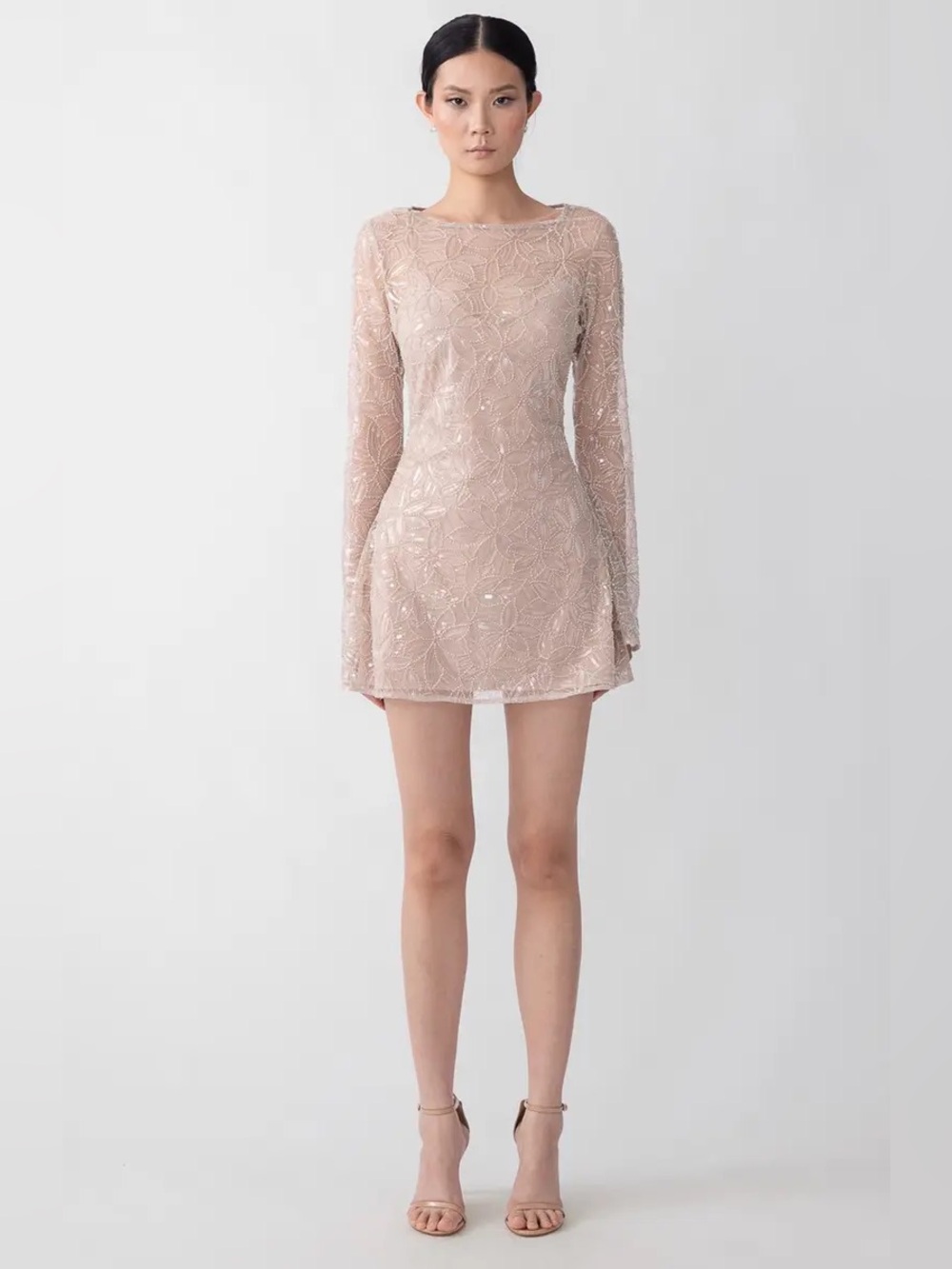 Sau Lee Odessa beaded floral mesh overlay dress in nude beige